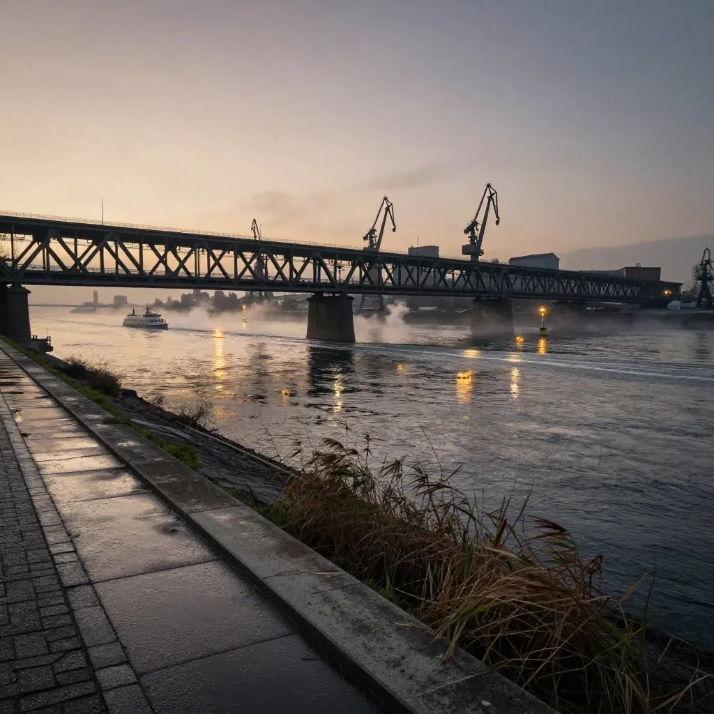 Rheinembankung mit Brücke, Kränen und Lichtern im Wasser bei Abendnebel