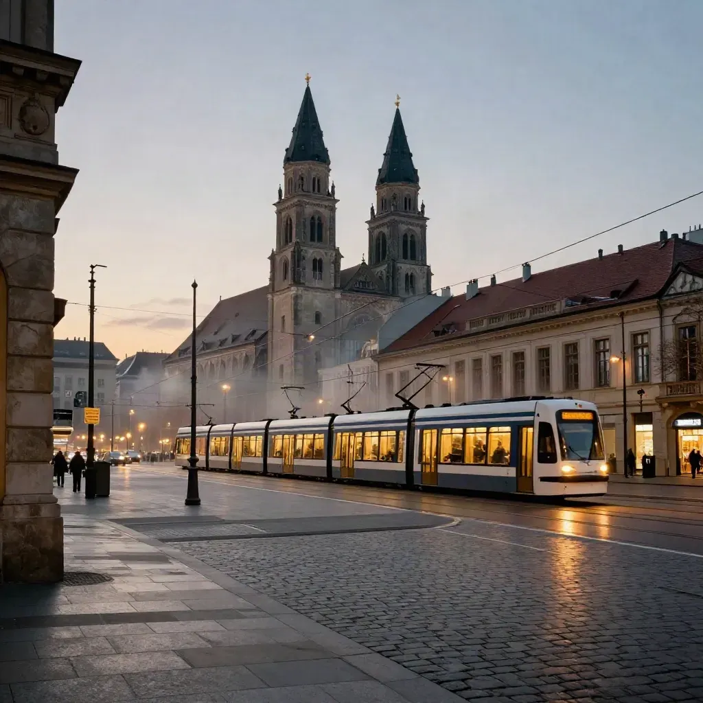 Abendliche Münchner Platzszene mit Tram, Kirchtürmen und warmem Himmelslicht.