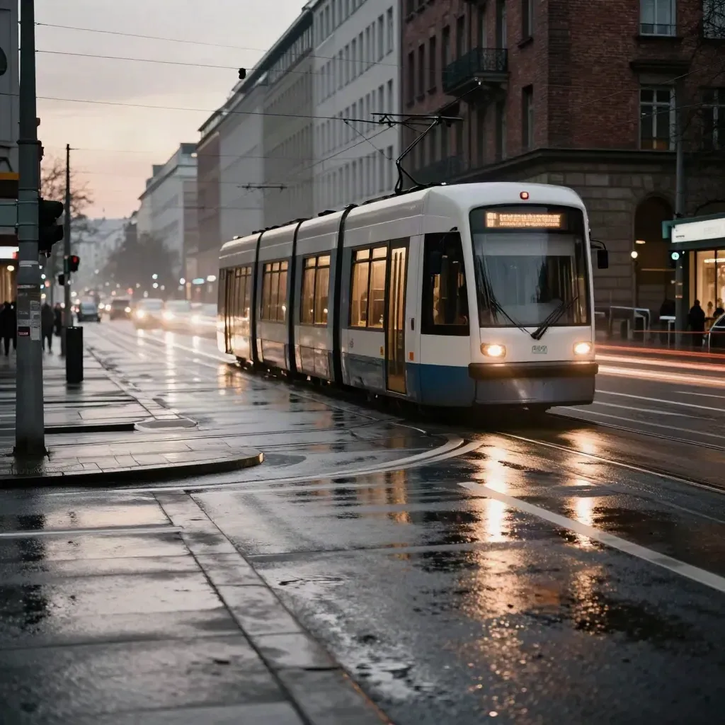 Regen nasse Kreuzung in Kreuzberg mit Tram und Lichtspuren bei Abendlicht.