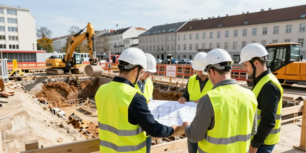 Baugrubensicherung Wien: Ingenieure inspizieren eine Baustelle mit Sicherheitsausrüstung in Wien.